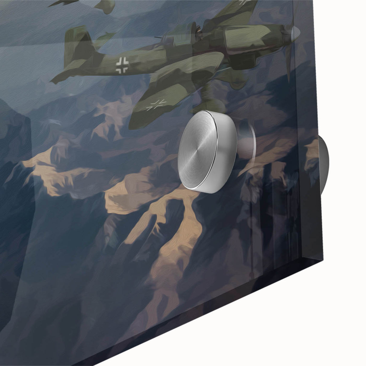 Large abstract wall art of airplanes in flight on acrylic glass, featuring muted gray and blue tones.