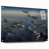 Acrylic print of a large abstract airplane design in cool blue and gray tones, ideal for modern bedroom or dining room decor.