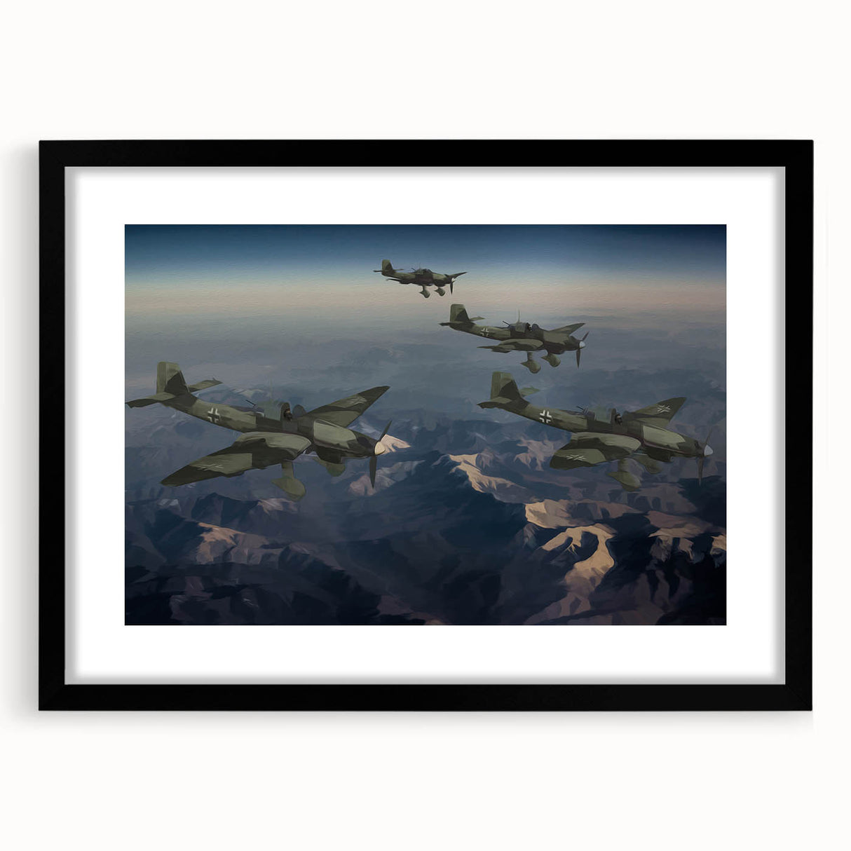 Extra large abstract art print of colorful airplanes, textured on black framed canvas, ideal for living room decor.