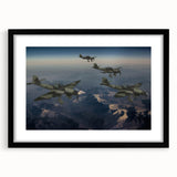 Extra large abstract art print of colorful airplanes, textured on black framed canvas, ideal for living room decor.