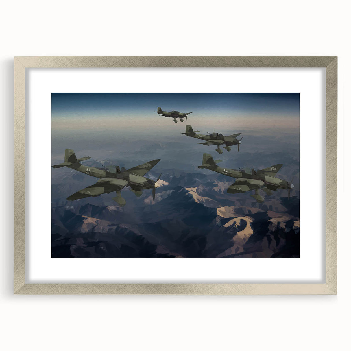 Abstract art print of an airplane in muted gray and blue tones, framed in silver, suitable for bedroom or dining room decor.