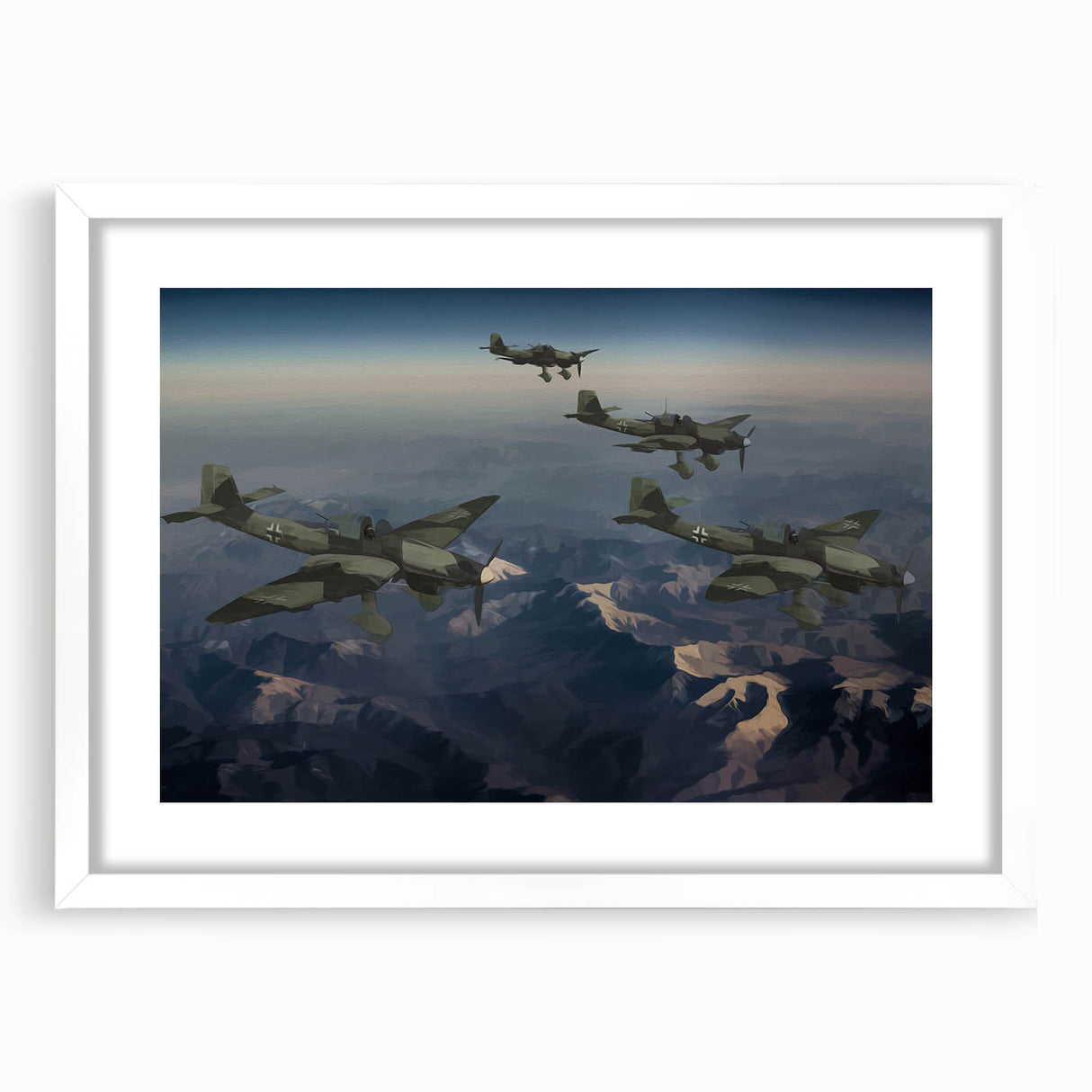 Extra large abstract art print of an airplane, featuring textured gray and blue tones on a white framed canvas.