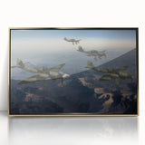 Large abstract wall art featuring a mid-century modernist airplane design in gold and black tones, acrylic framed.