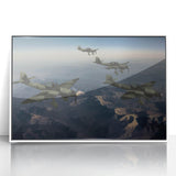 Mid-century modernist art of a stylized airplane in muted gray and blue, acrylic print framed in white.