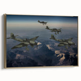 Framed canvas featuring a vintage-style black airplane on a gold background, ideal for bedroom wall decor.