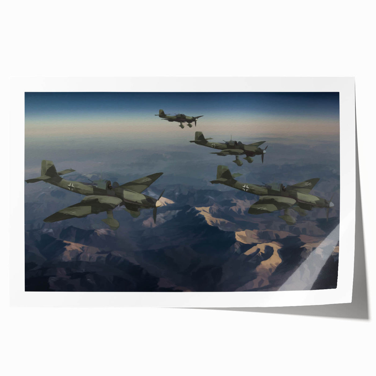 Art deco style poster of a vintage airplane in muted silver and blue tones, ideal for dining room wall art.