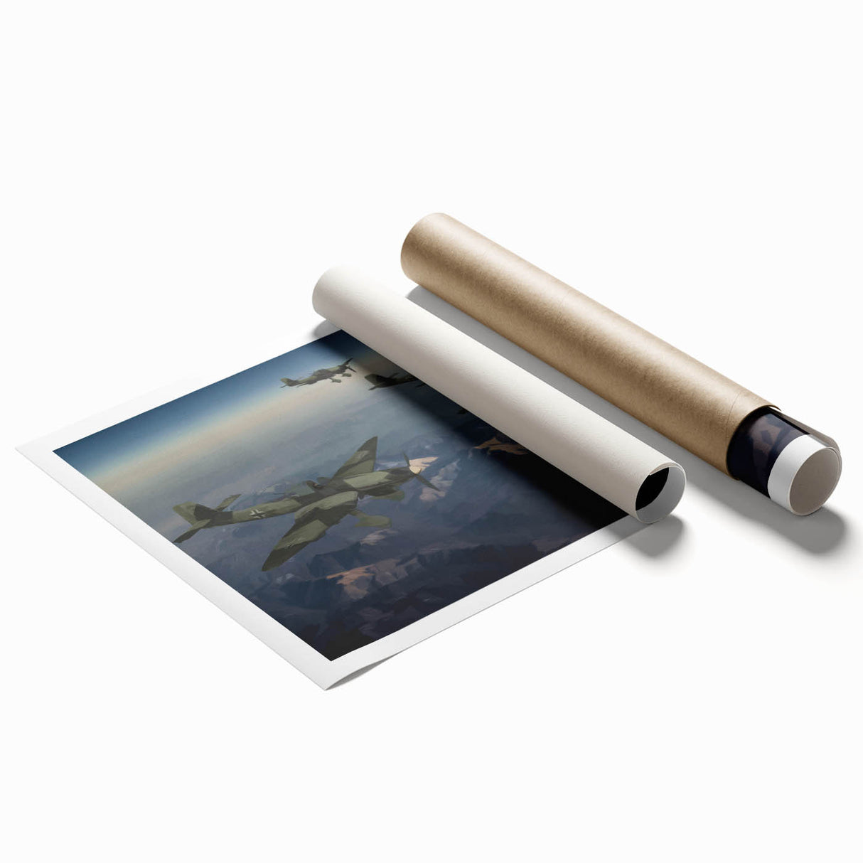Extra large rolled print of a vintage airplane, rendered in muted gray and blue tones.