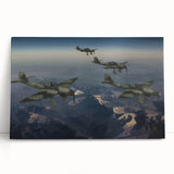Black and white photo of vintage airplanes on stretched canvas, ideal for kitchen wall art or bedroom decor.