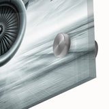 Close-up of a large abstract acrylic print featuring colorful airplane motifs, ideal for bedroom or dining room art.