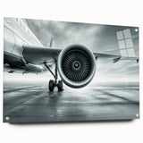Side-view acrylic print of an airplane in gray and silver tones, suitable for modern bedroom or dining room decor.