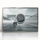 Mid-century modernist airplane design in silver and gray tones on a framed acrylic, ideal for nursery wall art.