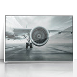 Mid-century modernist airplane illustration in muted blues and grays on white acrylic, ideal for nursery wall art.