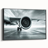 Framed canvas featuring a vintage black airplane on a muted background, ideal for bedroom wall art.