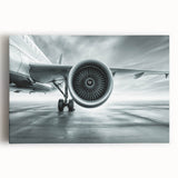 Black and white stretched canvas featuring a detailed airplane design, ideal for kitchen wall art.