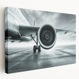 Side view of a vintage airplane on a stretched canvas in muted gray and blue tones, ideal for kitchen wall art.