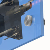 Close-up of a large abstract acrylic print featuring vibrant blue and silver hues.