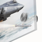 Large abstract wall art depicting airplanes in flight with soft blue and gray tones on acrylic glass.