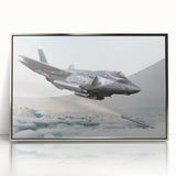 Mid-century modernist art featuring a silver airplane on a muted blue background, framed acrylic print.