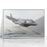 Mid-century modernist art deco poster of an airplane, in muted gray and blue tones, framed acrylic.