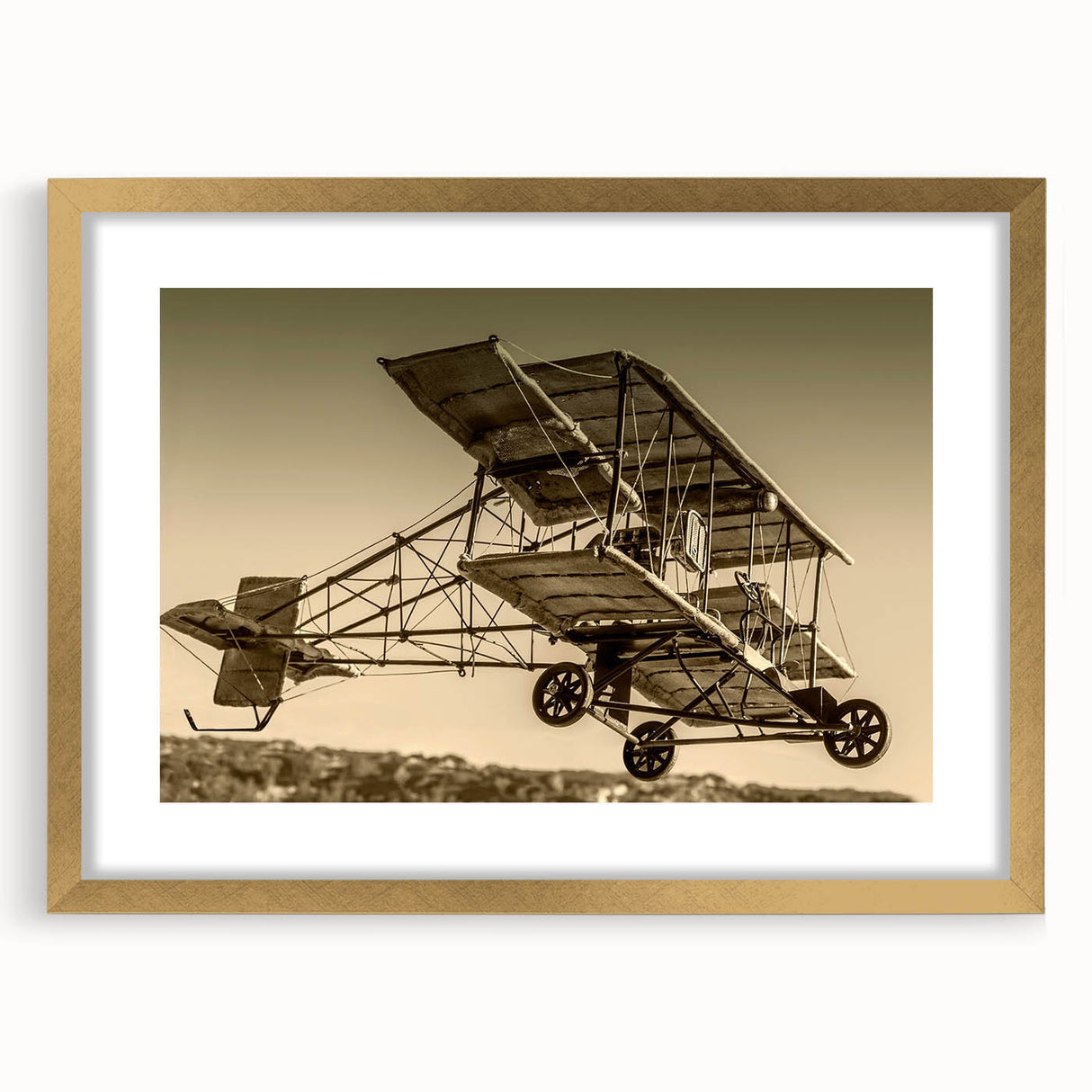 Abstract art print of an airplane in muted gold and black tones, acrylic print, suitable for dining room decor.