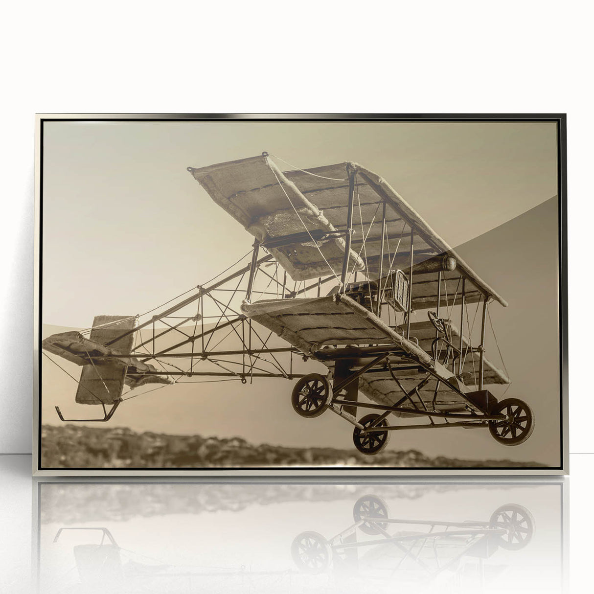 Mid-century modernist art of a stylized airplane in muted gray and silver, acrylic print framed, ideal for nursery wall art.