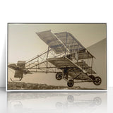 Mid-century modernist art featuring a simplistic airplane design on a white acrylic framed print.