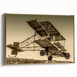 Vintage poster art of an airplane in black and gold on a framed canvas, suitable for bedroom wall decor.