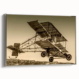 Vintage poster art of a silver airplane on a black background, framed canvas, ideal for living room decor.
