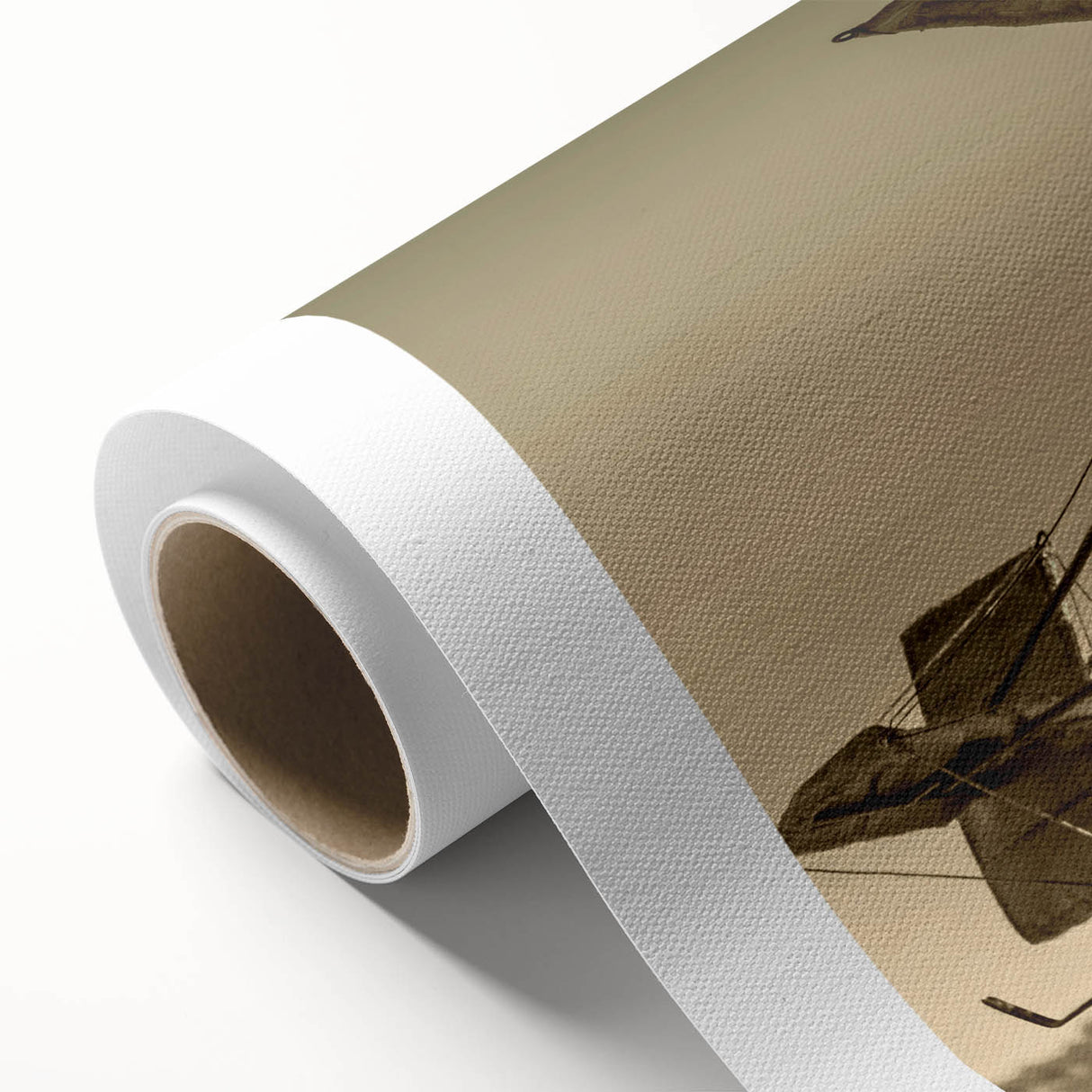 Art deco poster of a vintage airplane in flight on a rolled canvas, featuring subdued earth tones.