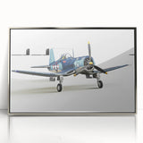 Mid-century modernist airplane illustration in muted grays and blues, framed acrylic, ideal for nursery wall art.