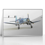 Mid-century modernist art of a vintage airplane in muted gray and blue tones on a framed acrylic.