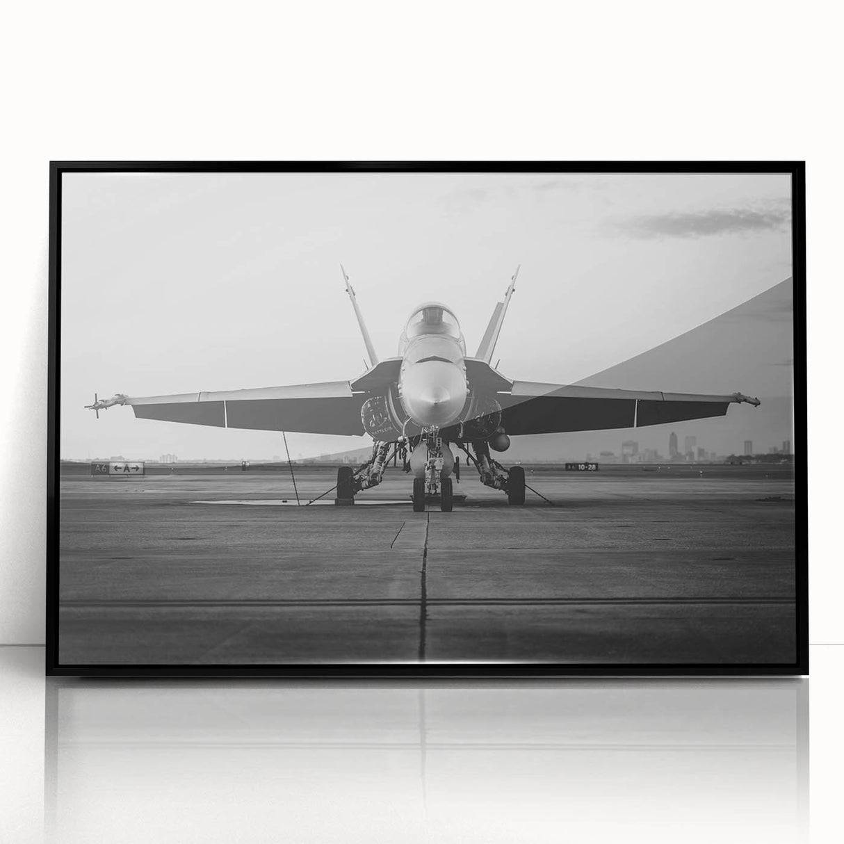 Mid-century modernist art depicting an airplane, in black and white tones, acrylic print framed.