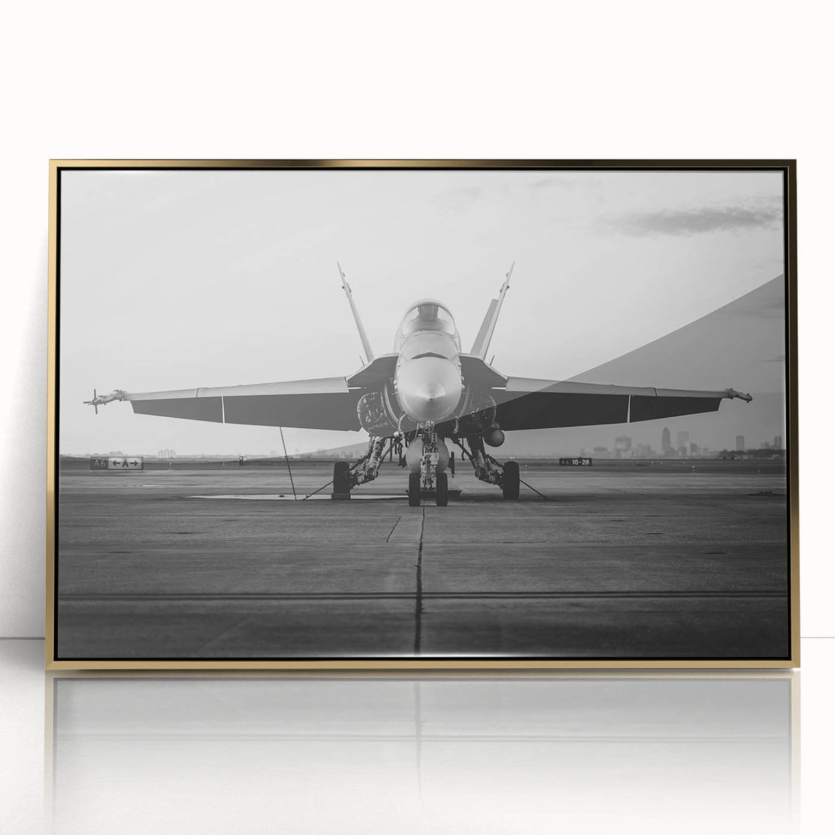 Mid-century modernist large abstract airplane art in gold and blue tones, acrylic framed print, ideal for dining room decor.