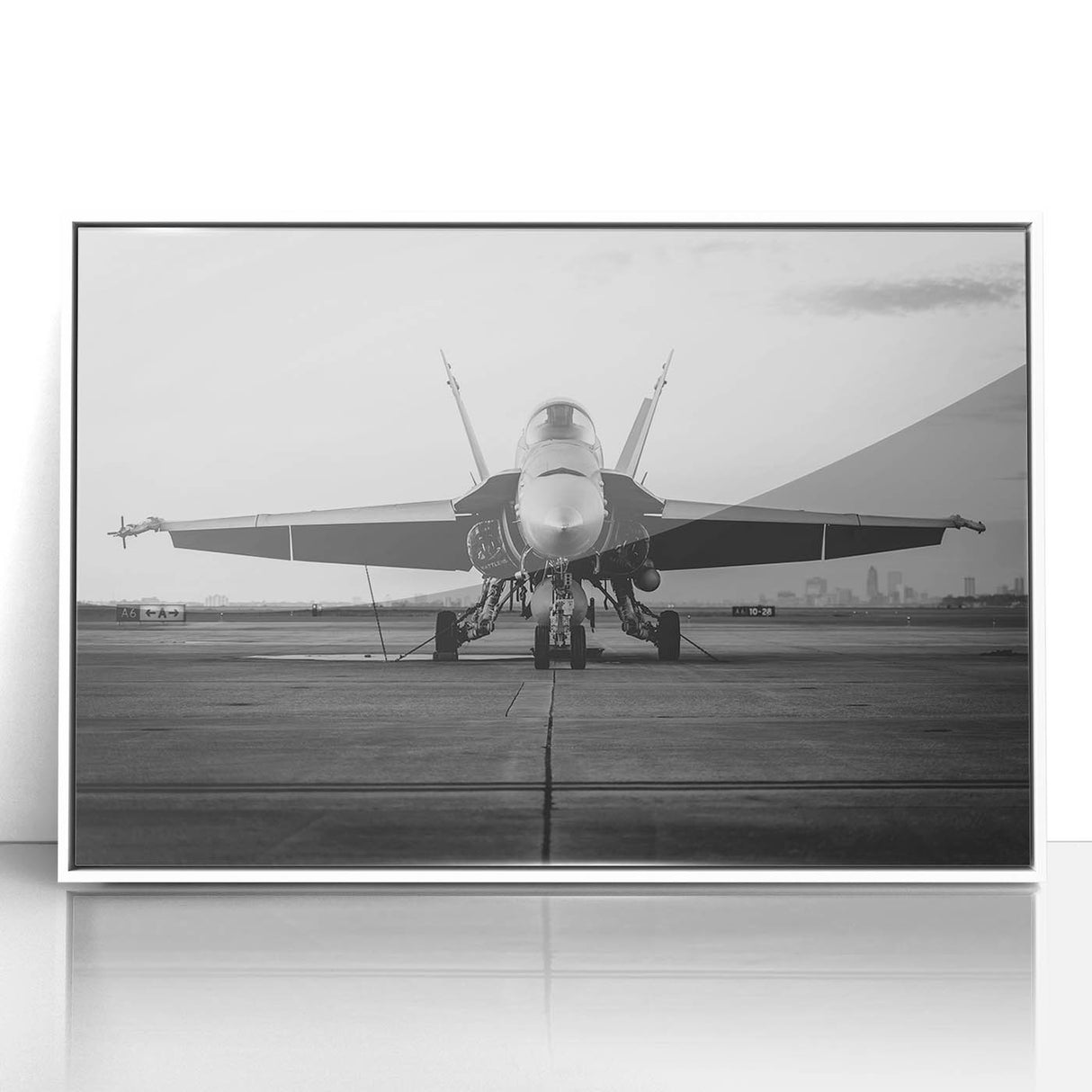 Mid-century modernist style airplane illustration in muted blue and gray, framed acrylic print.