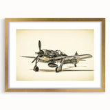 Abstract art print of an airplane in muted gray and blue tones, framed in gold, ideal for bedroom or dining room decor.