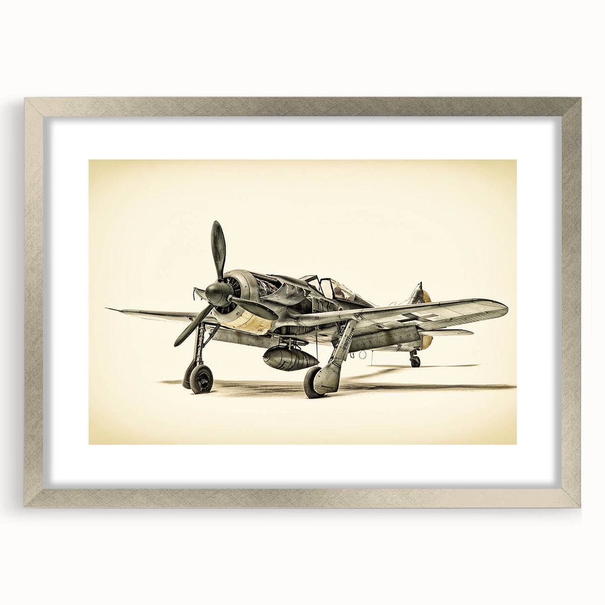 Abstract textured art print of an airplane in grayscale, framed in silver, suitable for bedroom decor.