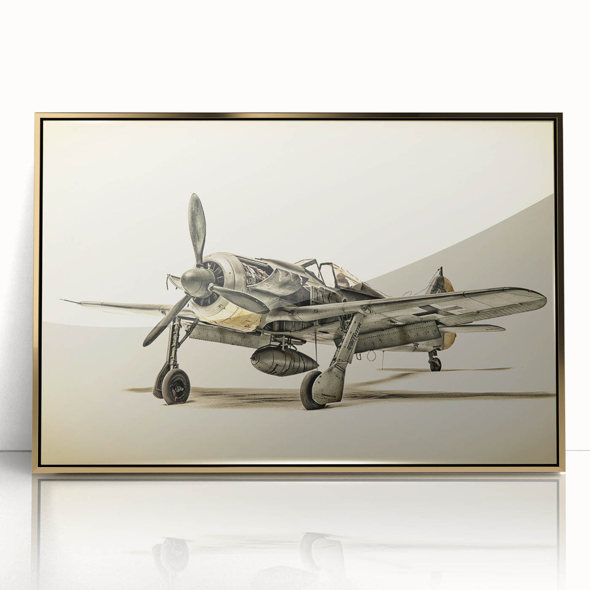 Large abstract wall art featuring a mid-century modernist airplane design in gold and black hues, acrylic print framed.