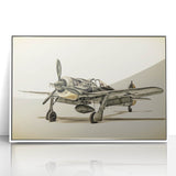 Mid-century modernist art of an airplane in flight, rendered in muted blues and grays on framed acrylic.