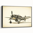 Black and white vintage airplane poster art on framed canvas, featuring a side view of a classic aircraft.