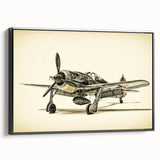 Black and white vintage airplane poster art on framed canvas, featuring a side view of a classic aircraft.