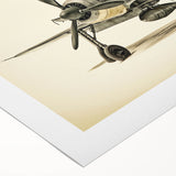 Art deco poster featuring a stylized vintage airplane, in muted silver and blue tones on rolled canvas.