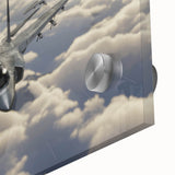 Large abstract acrylic print of airplanes in muted blue and gray tones, suitable for bedroom or dining room decor.