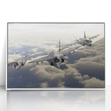 Mid-century modernist art depicting airplanes in flight, framed acrylic with a white border, suitable for nursery wall art.