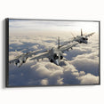 Black and white vintage airplane poster art on framed canvas, ideal for bedroom wall decor.