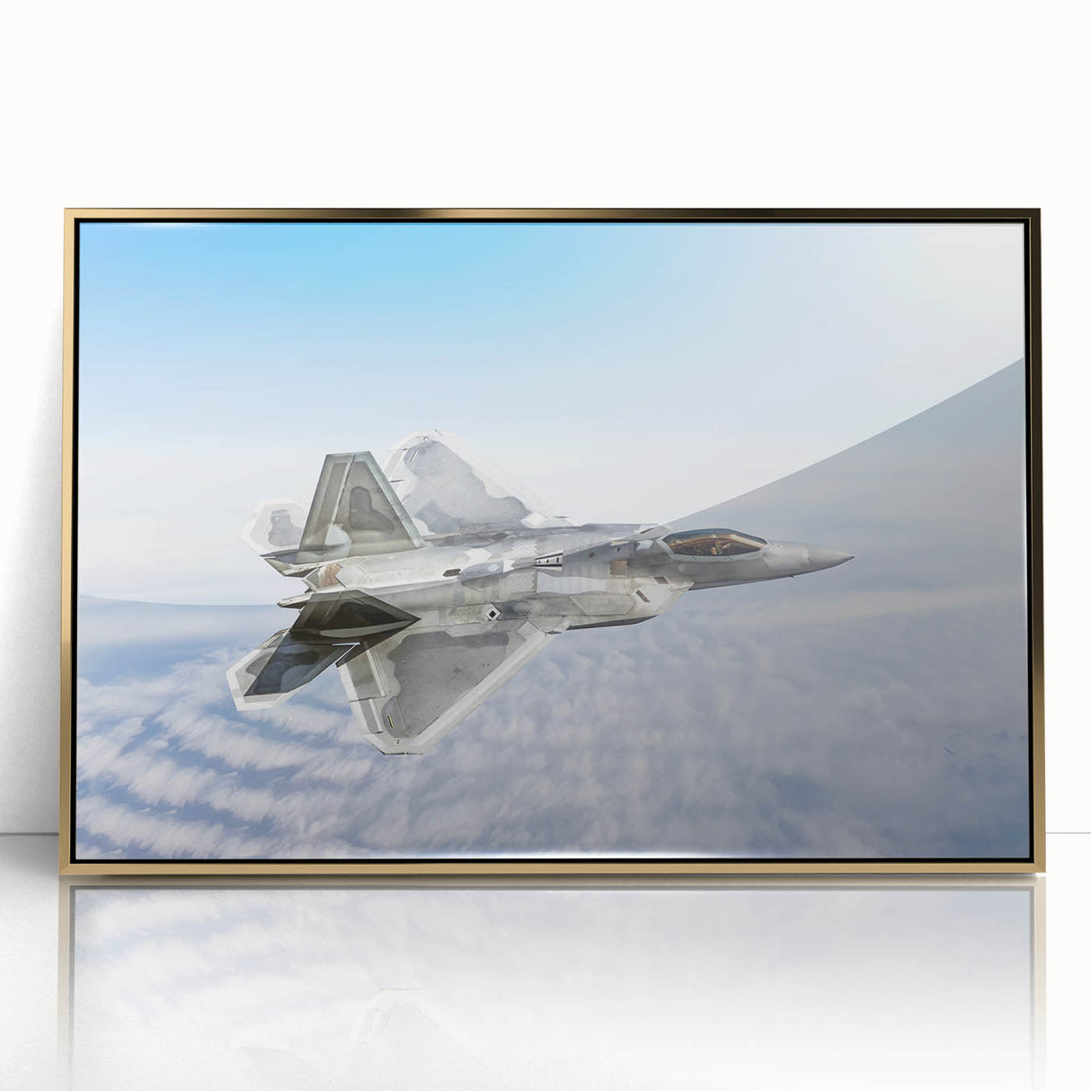 Mid-century modernist airplane illustration in muted gold and blue tones on framed acrylic, suitable for nursery wall art.