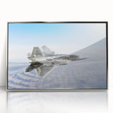 Mid-century modernist art of an airplane in flight, rendered in silver and gray tones on a framed acrylic.