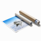 Rolled print of an airplane in flight, rendered in neutral gray tones, suitable as art wall dining room decor.