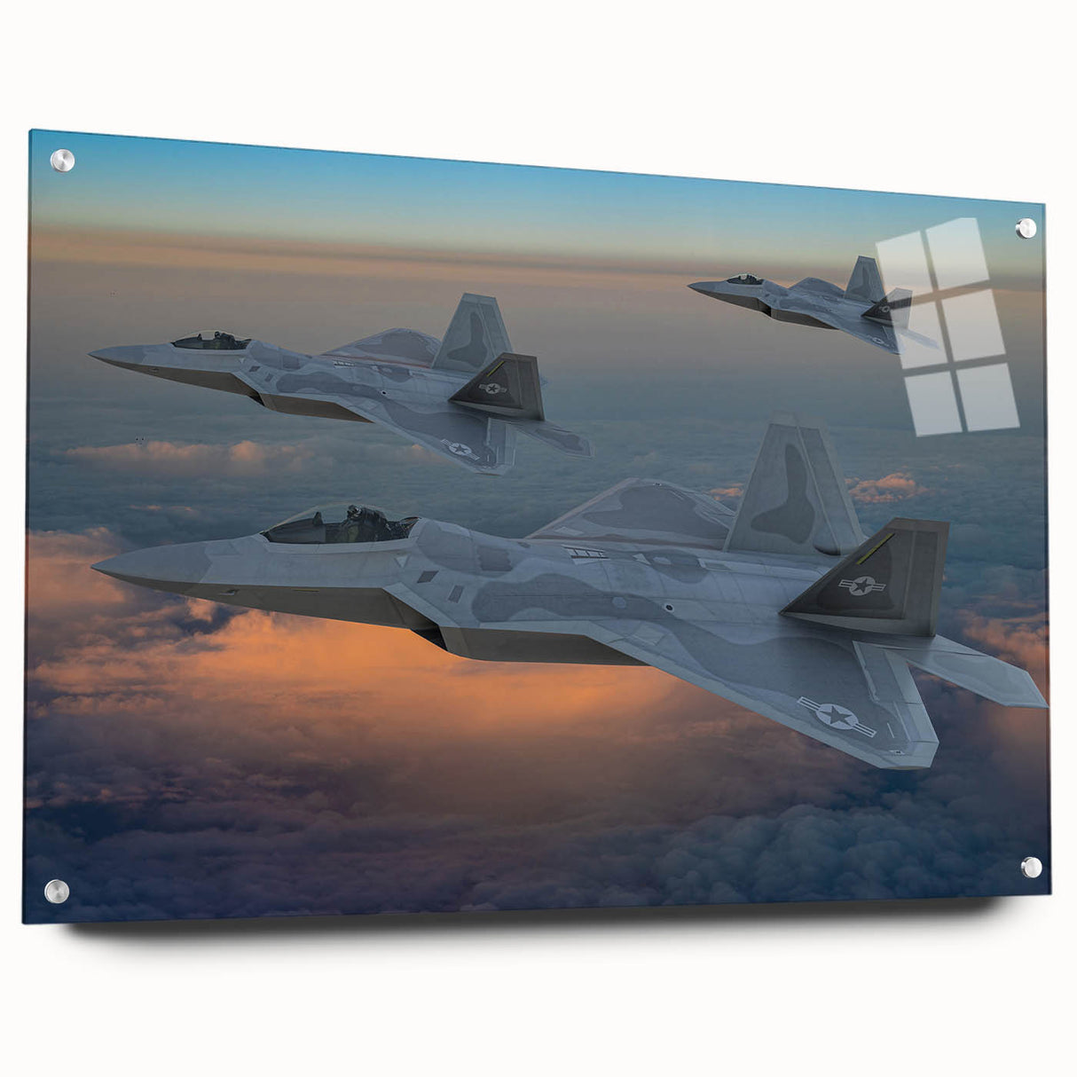 Acrylic glass print of a side view of an airplane, featuring monochrome shades.