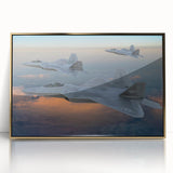 Large abstract wall art featuring a mid-century modernist airplane design in gold and black, acrylic framed.