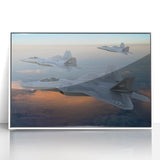 Mid-century modernist art of a vintage airplane in muted blue and white tones on a framed acrylic.